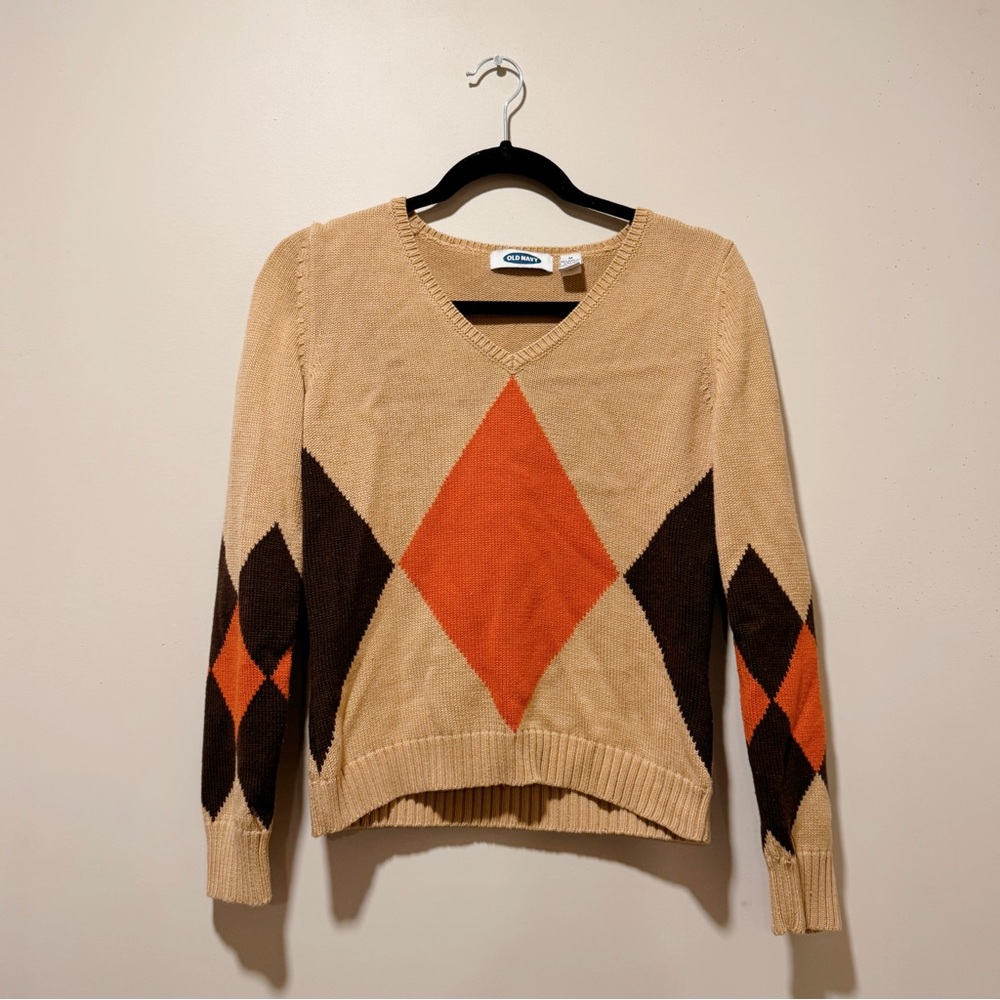 Old Navy V-Neck Argyle Sweater - Beige and Orange